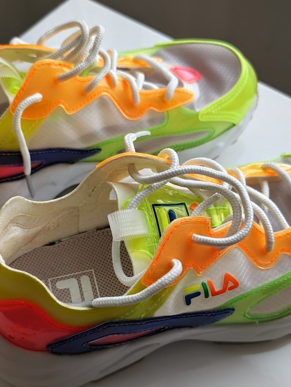FILA White Sneakers with Neon Green, Orange, Pink & Navy Accents